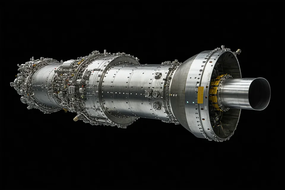 Chemical bipropellant thruster on dark background showing nozzle and valve assembly