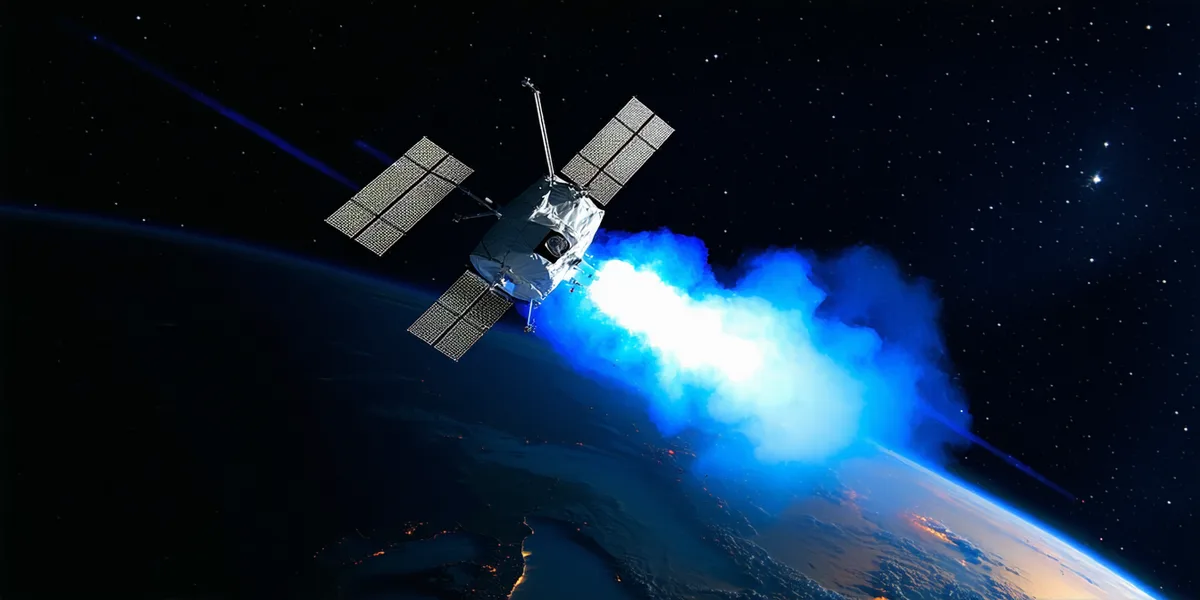 Small satellite in orbit with electric propulsion system firing