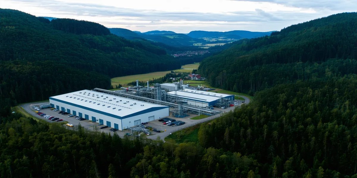 Industrial engineering facility in Lampoldshausen Germany surrounded by forested hills